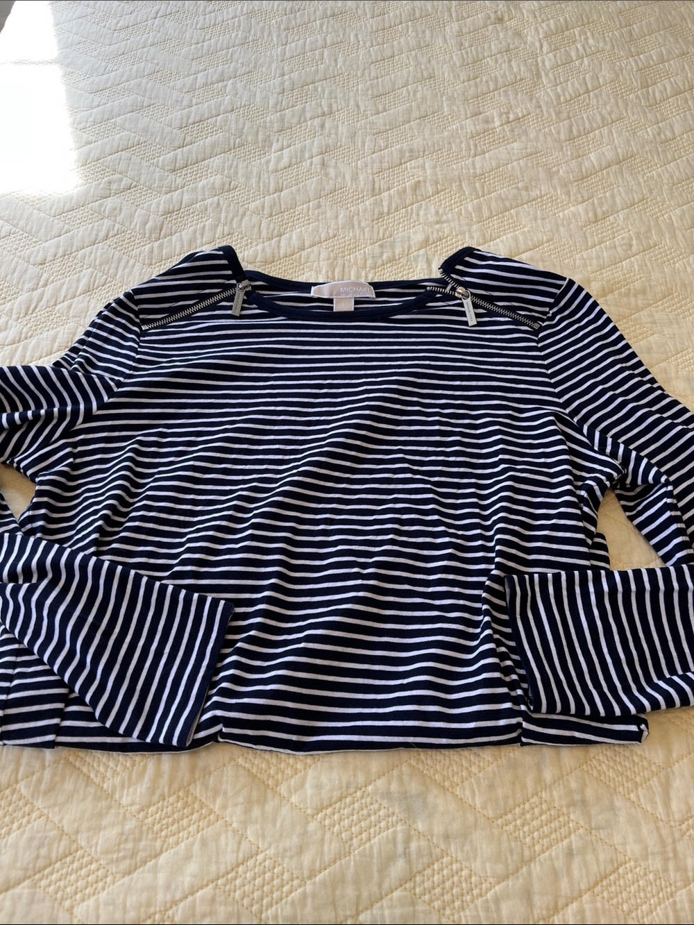 Michael Kors Striped Navy and White Long-Sleeve Top with Shoulder Zippers